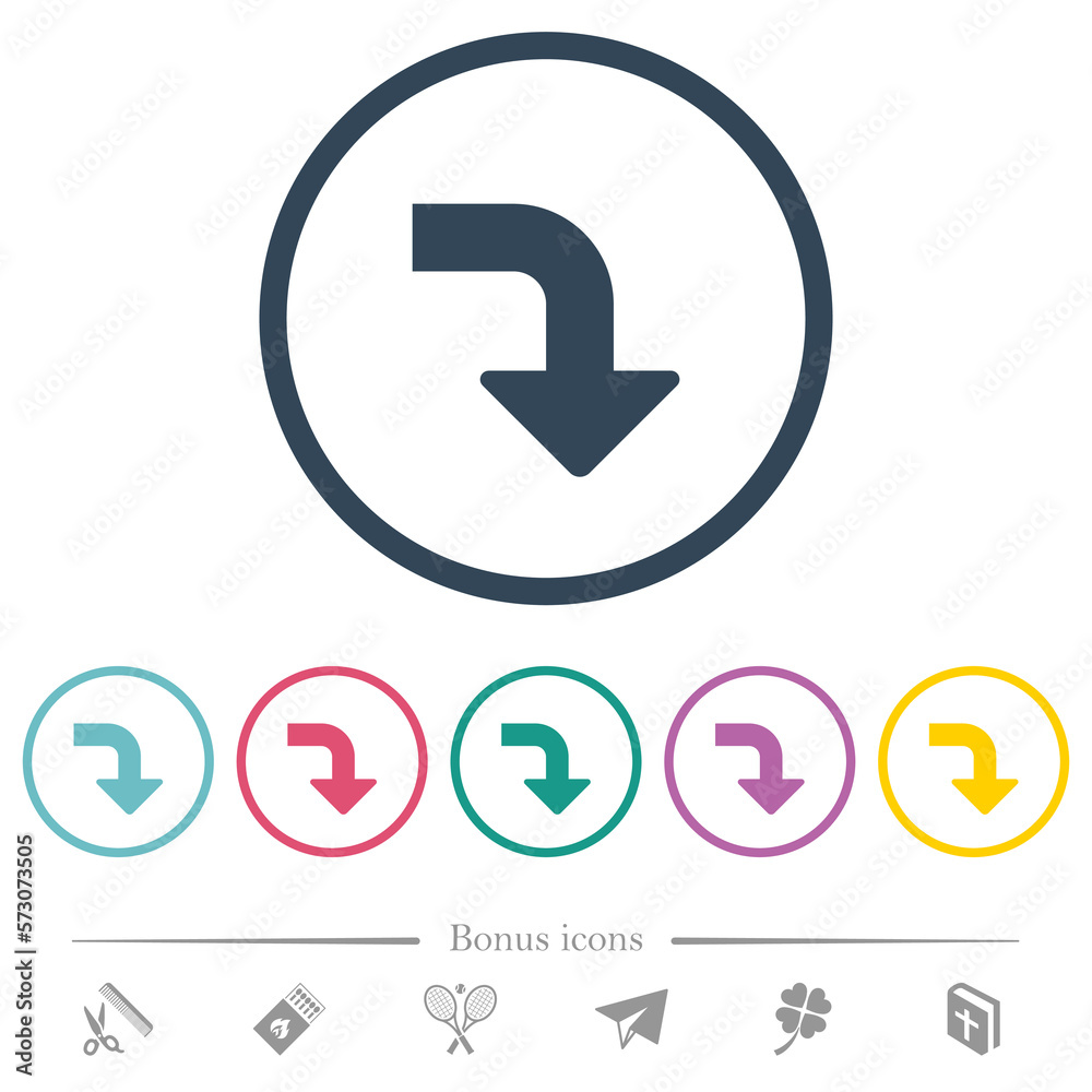 Right bottom side turn arrow solid flat color icons in round outlines Right bottom side turn arrow solid flat color icons in round outlines