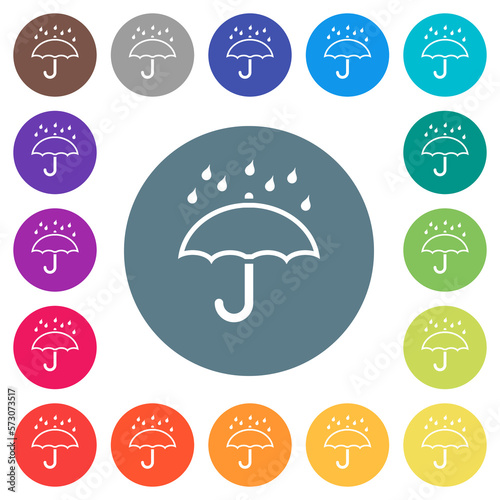 Umbrella with rain outline flat white icons on round color backgrounds