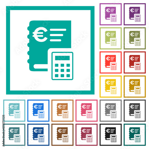 European Euro ledger flat color icons with quadrant frames