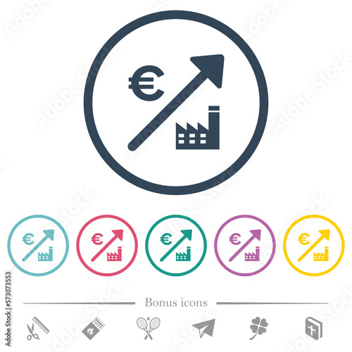 Rising power plant european Euro prices flat color icons in round outlines