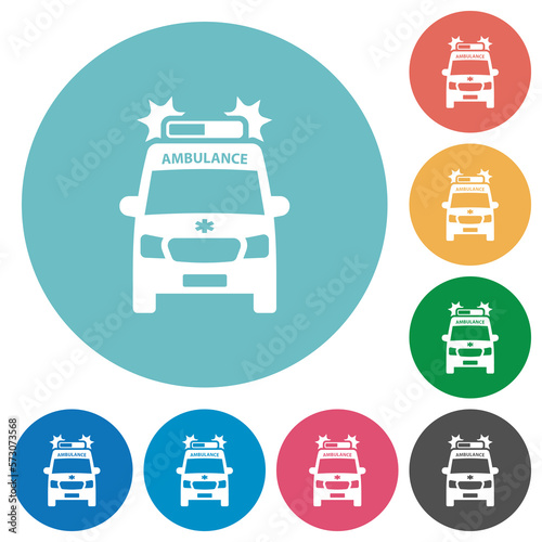 Flashing ambulance car front view flat round icons