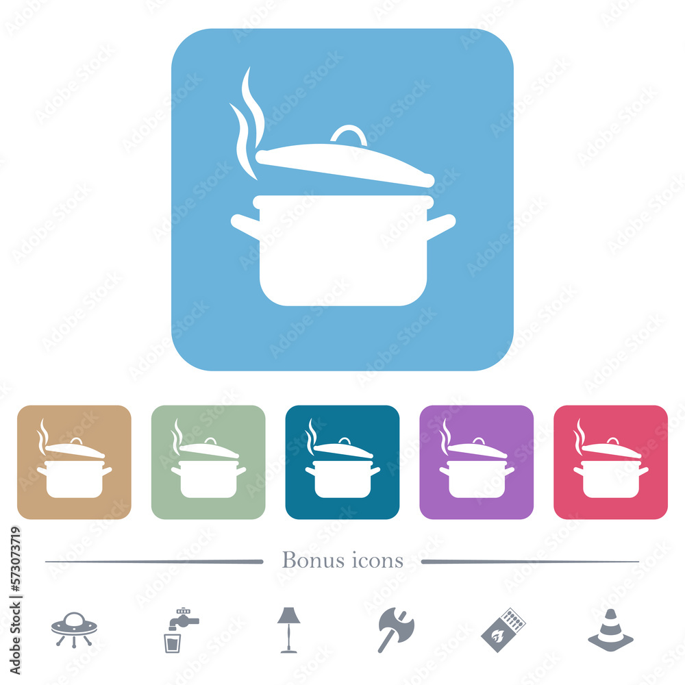 Steaming pot with lid flat icons on color rounded square backgrounds Steaming pot with lid flat icons on color rounded square backgrounds