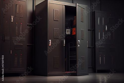 Black lockers in college. Line of black school gym lockers. High quality Ai generated illustration.