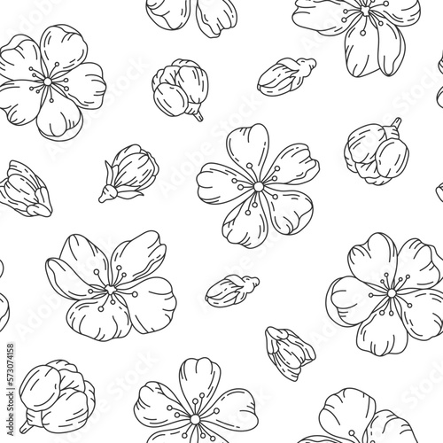 Hand drawn seamless pattern cherry blossom sketch black line. Spring bud vintage japanese wrap paper texture print fabric design wallpaper backdrop gift print sticker tropical mandala garden romantic