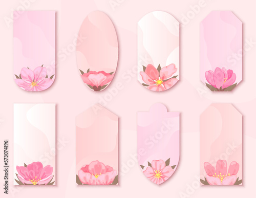 Cherry blossom flower tag label pink flat style. Sakura style delicate romance vintage postcard sticker silk discount promotion store ads frame template sale seasonal love japan spring isolated
