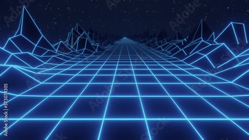 Synthwave animated Background. 80s wireframe Landscape. Retro Future Perspective Grid. Retrowave Style. Sci-fi Abstract Backdrop. 3d render. Seamless loop