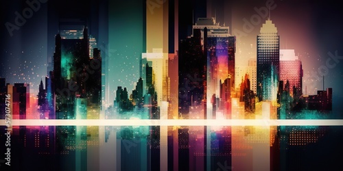 Cityscape with double exposure effect combining the colorful lights of city with abstract shapes and patterns, concept of Double Exposure and Urban Landscape, created with Generative AI technology
