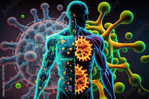 Illustration of human immune system with colorful cells antibodies and viruses showing battle between defenses and invading pathogens, concept of Immunity, created with Generative AI technology photo