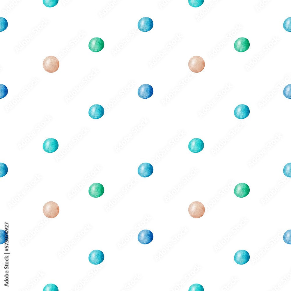Seamless pattern with watercolor illustrations of pearls. Clipart for the design of postcards, packaging, background, round volumetric balls