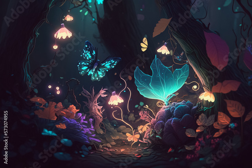 The Enchanted Beauty of the Glowing Forest with sparking butterflies. Generative AI
