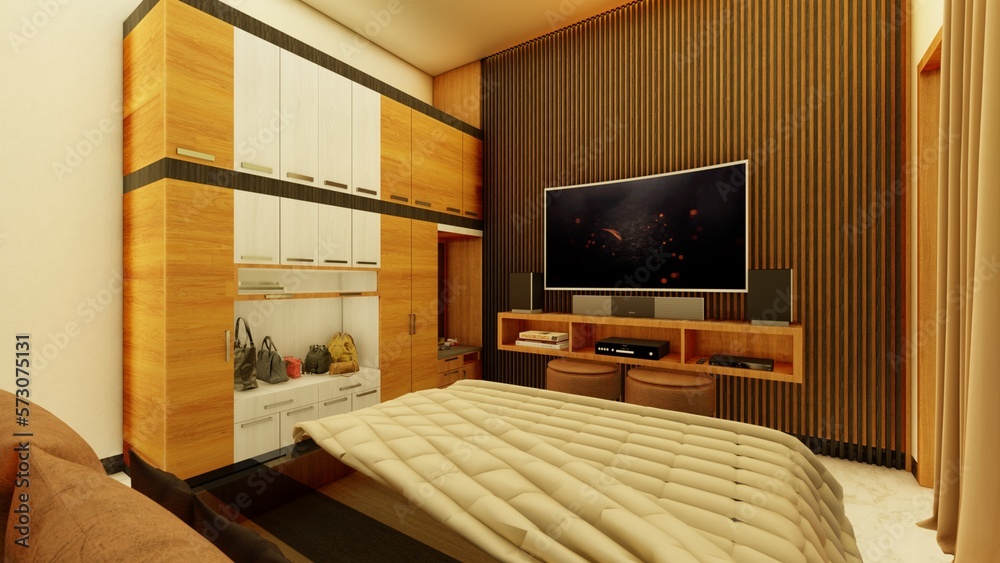 Fototapeta premium bedroom interior with natural color decoration with wood and parquet floors. 3d renders