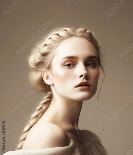 Portrait of young beautiful woman with braids. AI generated image. 
