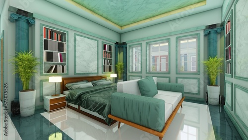 Modern classic bedroom interior design in marble green color with bookcase. 3d rendering