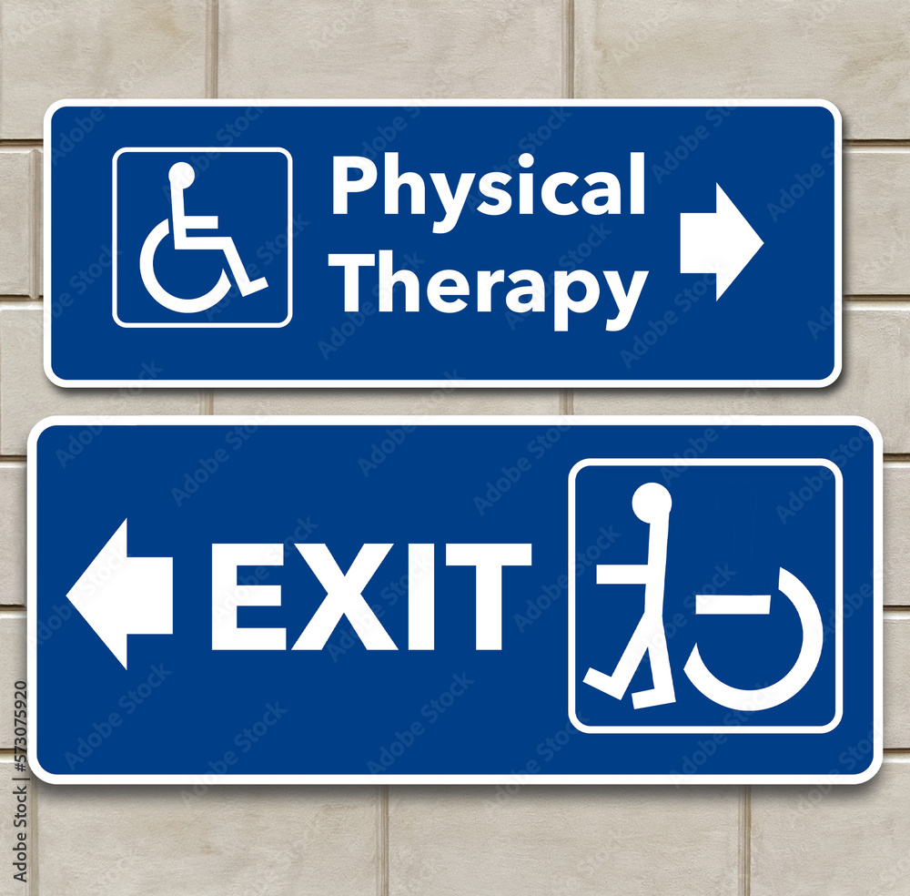 A wheelchair accessible sign points the way to physical therapy and pointing the other way toward the exit is a person standing in a wheelchair sign. This is a 3-d illustration. A wheelchair accessible sign points the way to physical therapy and pointing the other way toward the exit is a person standing in a wheelchair sign. This is a 3-d illustration.