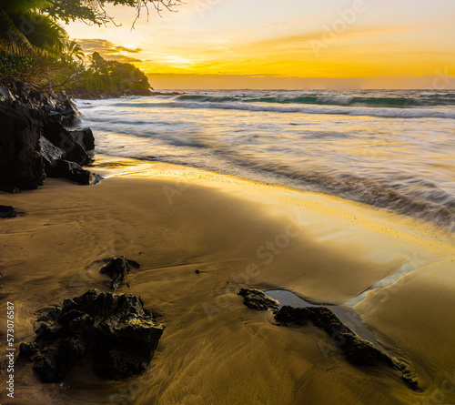 Sunrise on The Rocky Shoreline on Homoa Beach, Hana, Maui, Hawaii, USA