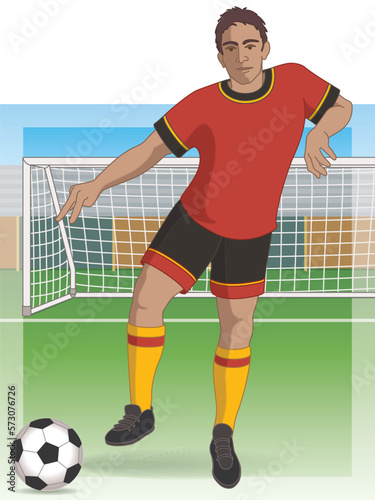 para sports paralympic 7-a-side football male player with neurological handicap kicking ball including net and field in background