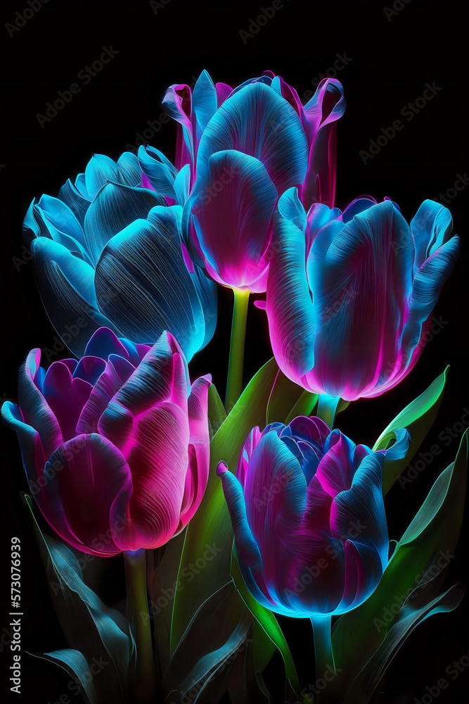 Neon lit tulips isolated on black background. Generative AI