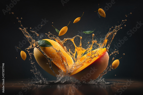 mango juice splash on black background - Generative AI
