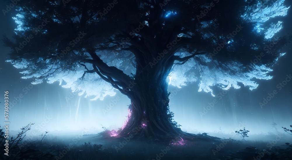 Obraz premium Mysterious magical trees in misty forest [AI Generated]