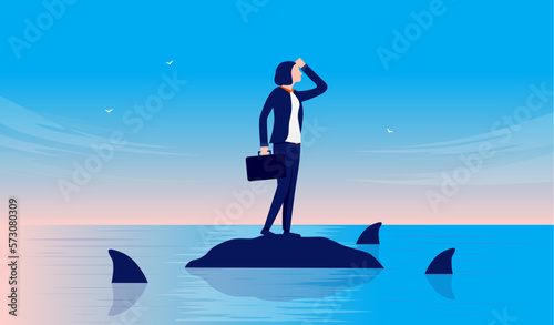 Businesswoman in trouble - Business person with big problem standing alone on deserted island with dangerous sharks looking for a way out. Flat design vector illustration