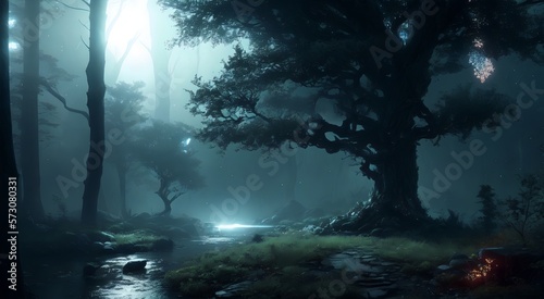 Mysterious magical trees in misty forest [AI Generated] © Jefferson