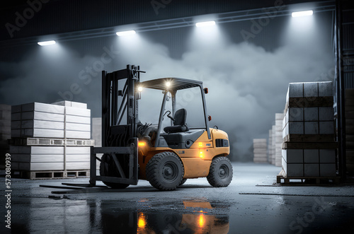a forklift truck is parked in a warehouse with dramatic cinematic lighting. Transport Concept. Generative AI. © Oier