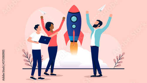 Business launch - People launching rocket up in air in office cheering and celebrating success. Flat design vector illustration