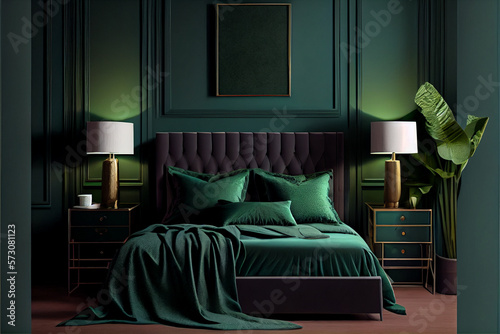 Modern emerald green bedroom interior with comfortable king size bed with headboard and pillows in dark green bedroom. Copy space on empty green wall of elegant bedroom interior. Hotel bedroom. High