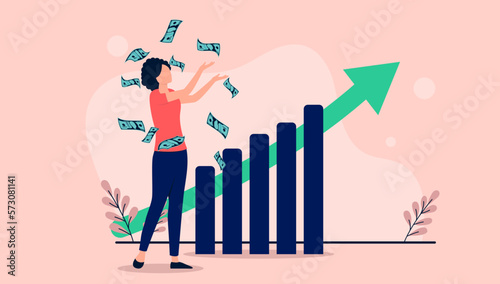 Woman making money - Person standing in front of chart and rising green arrow throwing money in air. Business financial success concept. Flat design vector illustration