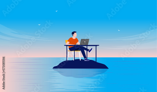 Work loneliness -  Man sitting at desk with computer alone on deserted island in solitude, peace and quiet. Flat design vector illustration