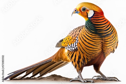 Male chrysolophus pictus, sometimes known as a golden pheasant or a 'chinese pheasant,' in front of a white backdrop. Generative AI photo
