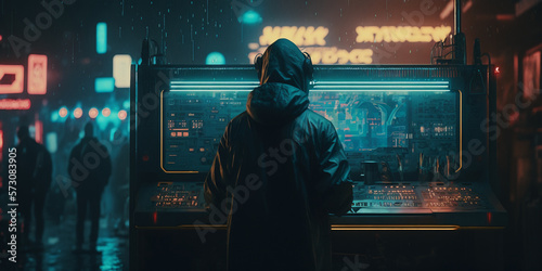 Image Generated Artificial Intelligence. Cyberpunk image of a Disc Jockey in a middle of a rainy street  at night