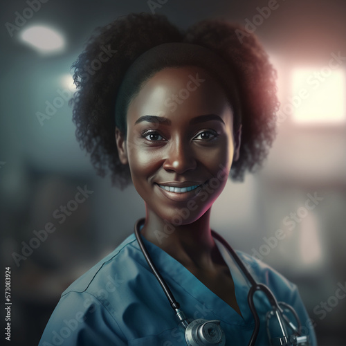 Image Generated Artificial Intelligence.. Portrait of an Afroamerican Doctor smiling at camera. Beautiful black ethnic professional woman. photo