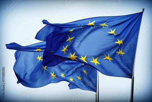 Flag of the European Union, blue with stars around it.