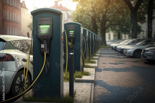Futuristic design of a row of many electric chargers in each car park on the street. Ai generated