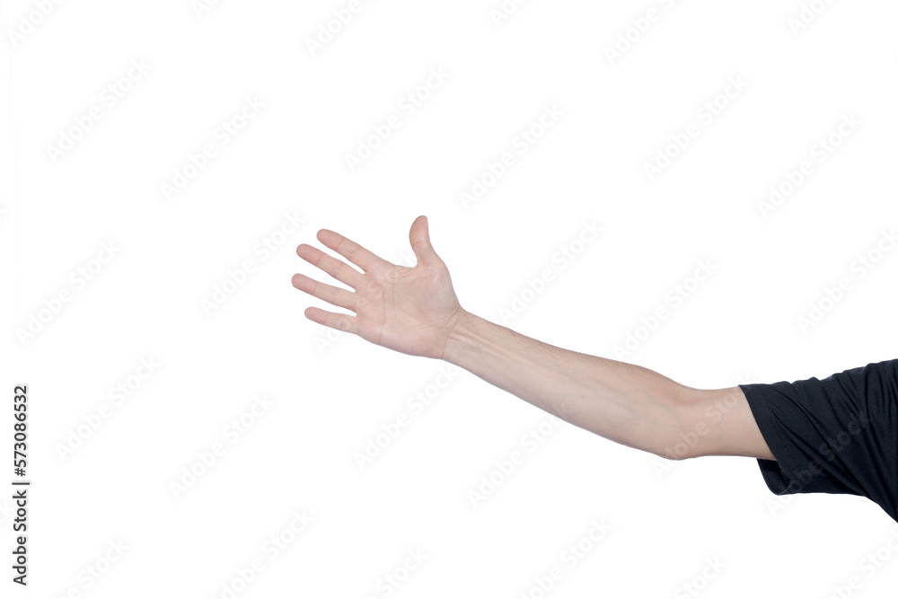 Palm of an open hand with outstretched arm on white background.