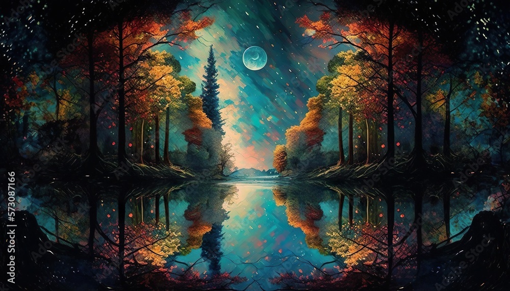 Lake trees night metaphysical reflection painting wallpaper background created with generative AI technology