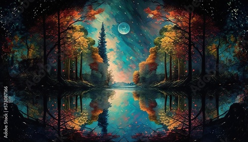 Lake trees night metaphysical reflection painting wallpaper background created with generative AI technology © Silvere