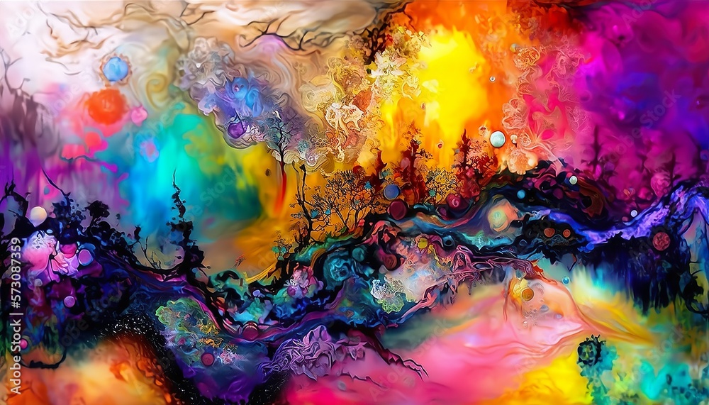 Vibrant colorful abstract psychedelic surrealism painting wallpaper background created with generative AI technology