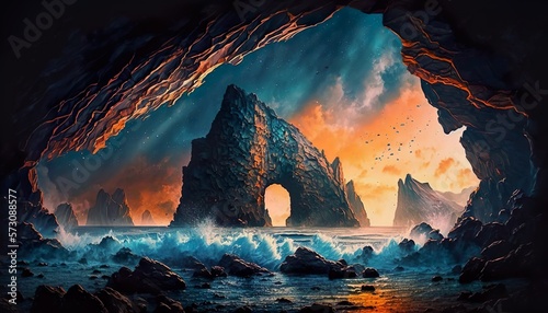 Vibrant colorful ocean sea waves rocks cave night painting wallpaper background created with generative AI technology