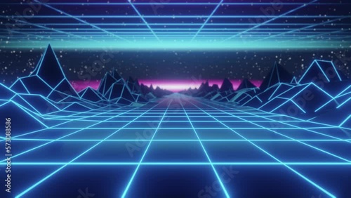 Synthwave animated Background. 80s wireframe Landscape. Retro Future Perspective Grid. Retrowave Style. Sci-fi Abstract Backdrop. 3d render. Seamless loop