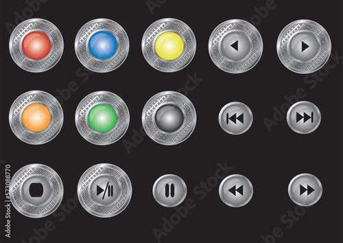 Set of round patterned metal buttons. Collection of vector illustration of player buttons, objects are isolated on black.