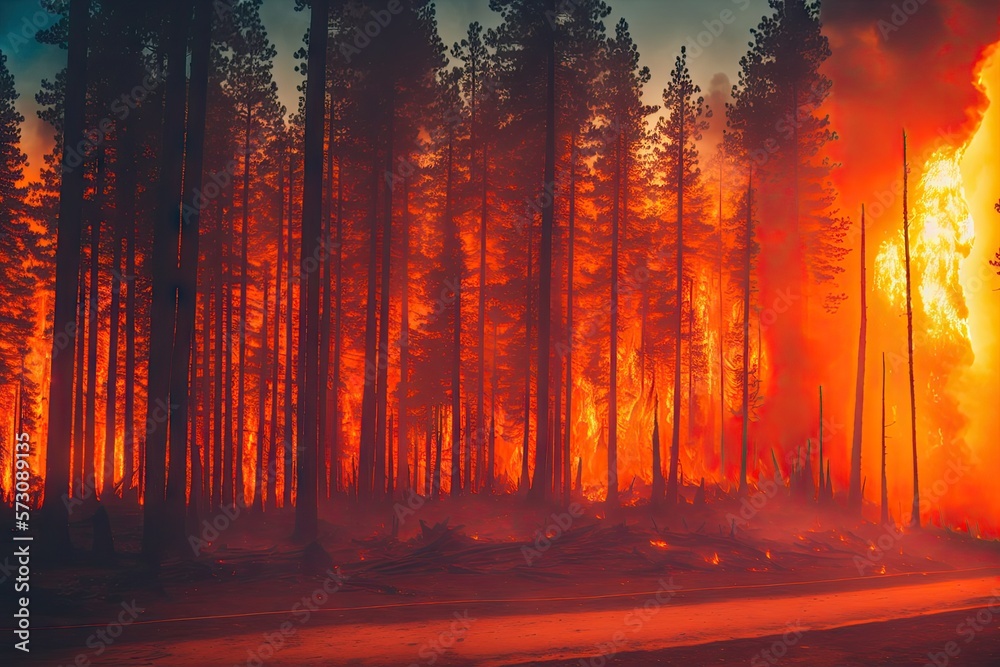 Intense flames from a massive forest fire, generative ai. Flames light up the evening as they rage thru pine forests and sage brush Intense flames from a massive forest fire, generative ai. Flames light up the evening as they rage thru pine forests and sage brush