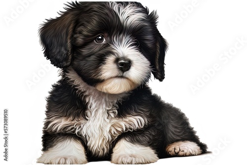 Havanese puppy averts its gaze. 5 month old baby girl with white background Generative AI photo