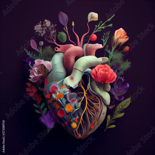 Abstract realistic illustrated colorful love heart made flowers. Decorative human heart. Love. Dark minimal dark background. Generative AI.