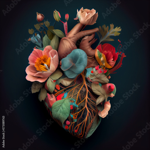 Abstract realistic illustrated colorful love heart made flowers. Decorative human heart. Love. Dark minimal background. Generative AI.