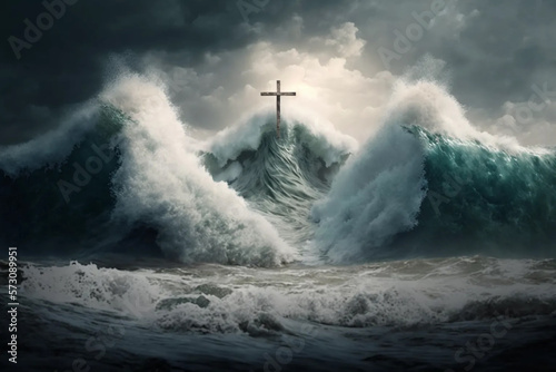 Symbol of faith - waves of the raging sea break on the cross. AI generated