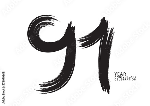 91 year anniversary celebration logotype black paintbrush vector, 91 number design, 91th Birthday invitation, anniversary template, logo number design vector, calligraphy font, typography logo photo