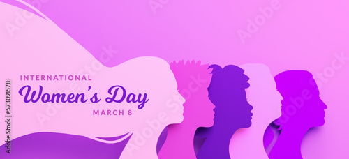 Foto Women's Day poster with silhouettes of different women's faces in paper cut and copy space, 3D illustration