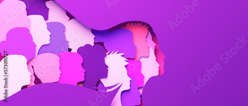 Tela Women's Day banner with silhouettes of multi ethic women's faces in paper cut and copy space, 3D illustration